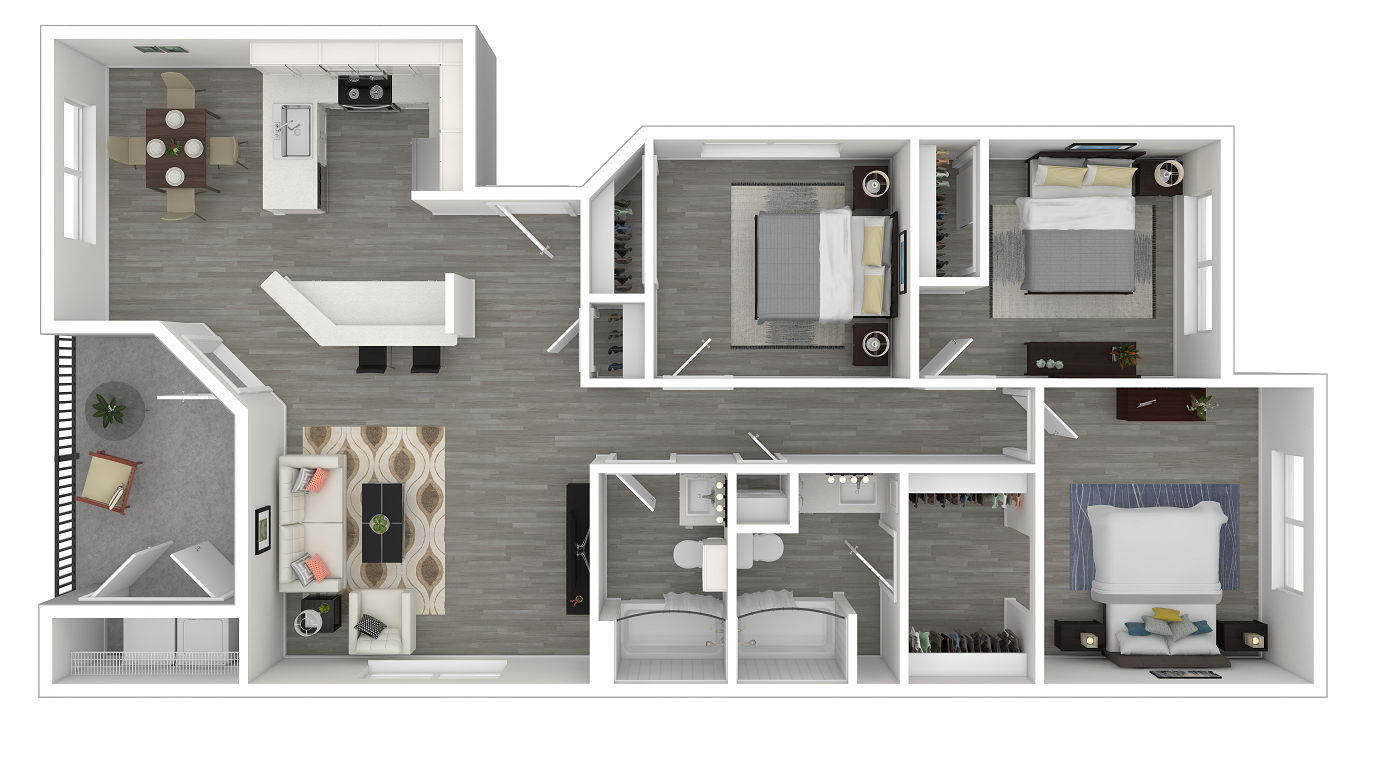Floor plan for 3 beds, 2 baths, 1087 sqft